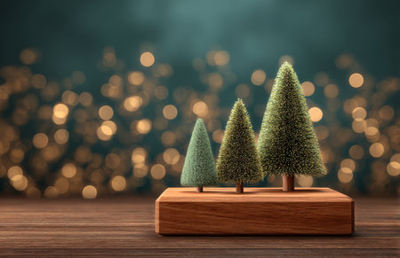 Three small evergreen trees stand on a wooden block, creating a cozy feel against a softly lit backdrop of warm bokeh lights that enhance the festive mood.の素材
