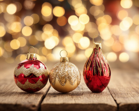 Three beautifully crafted Christmas ornaments sit on a wooden surface, glowing against a soft, golden bokeh background. The rich details enhance the festive atmosphere..の素材