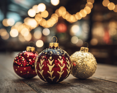 Three shiny ornaments in red and gold sit on a rustic wooden table, illuminated by soft, warm lights in the background, creating a cozy holiday atmosphere.の素材