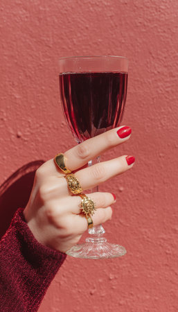 A hand adorned with rings gracefully holds a cocktail glass filled with a dark drink. The backdrop features a soft pink hue, enhancing the stylish vibe of the scene.の素材