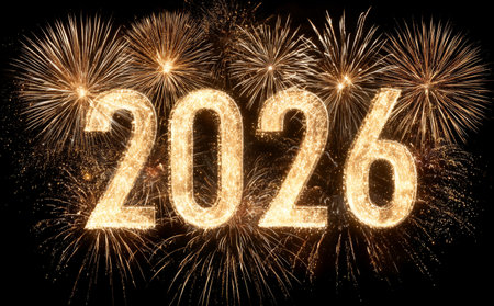 Bright fireworks light up the night sky, forming the numbers 2026 in sparkling gold. This festive scene captures the excitement of welcoming the new year.の素材