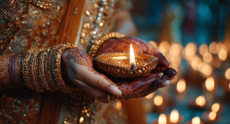 A woman dressed in traditional attire holds a beautiful diya with a flickering flame. She is surrounded by glowing lights, capturing the spirit of celebration during a festival.の素材