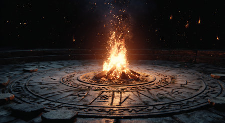 Warm flames rise from a campfire surrounded by stones in a mystical circular pattern on the ground. The scene is set in a dark space, adding an eerie atmosphere.の素材