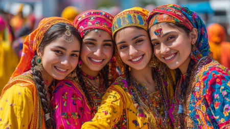 Four young women are dressed in bright traditional outfits, smiling joyfully while celebrating a cultural festival outdoors.の素材