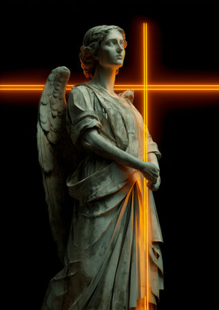 A serene angel statue stands still, holding its hands together, with a bright glowing cross behind it. The dark background enhances the statues details and the luminous effect.の素材