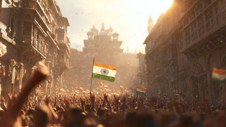 People joyfully gather in a historic street, waving Indian flags as they celebrate a vibrant festival. The sun sets, casting a warm glow on the lively atmosphere.の素材