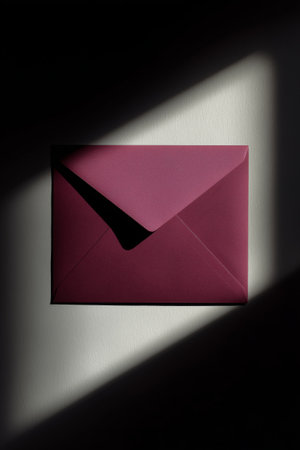 A maroon envelope sits on a light surface, partially illuminated by a soft shadow. The envelopes angle adds depth to the scene while highlighting its color and texture.の素材