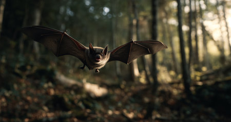A bat navigates through a dense forest, using echolocation to hunt. The soft light of twilight highlights its wings and creates an atmospheric scene filled with natural beauty.の素材