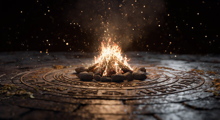 Bright flames dance in a stone circle, illuminating the dark surroundings. Leaves scattered around enhance the magical atmosphere of this nighttime gathering.の素材