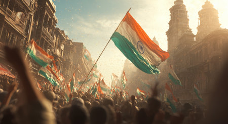 People joyfully gather, waving Indian flags in a historic city. The sun sets behind old buildings, creating a vibrant atmosphere filled with enthusiasm and national pride.の素材
