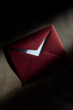 A red envelope rests on a surface, partially illuminated by soft light, showing a silver lining inside. This scene suggests anticipation or the promise of a special message.の素材