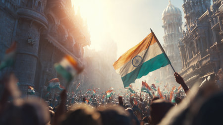 Crowds gather in a vibrant street, waving flags and cheering joyfully as the sun sets, creating an atmosphere of unity and excitement during a festive event.の素材