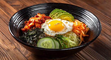 A colorful bowl of bibimbap features a sunny-side-up egg atop vegetables, avocado, and noodles, accompanied by cucumber slices on a rustic wooden table.の素材