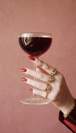 A hand adorned with rings gracefully holds a cocktail glass filled with a dark drink. The backdrop features a soft pink hue, enhancing the stylish vibe of the scene.の素材