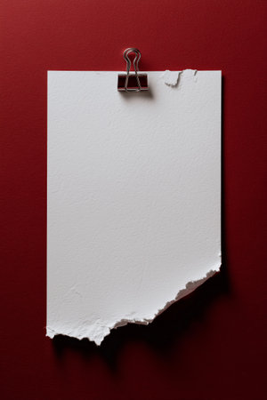 A piece of blank white paper, secured with a metal clip, showcases a torn edge against a deep red backdrop, perfect for artistic or design purposes.の素材