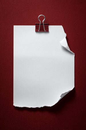 A piece of blank torn paper is hanging on a red wall using a metal clip. The edge is slightly curled, giving it an informal look suitable for notes or reminders.の素材