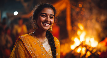 A young woman dressed in bright traditional clothing enjoys a festive atmosphere by a glowing bonfire at night, surrounded by joyful participants celebrating together.の素材