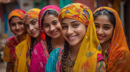 Five girls wearing bright, colorful attire and matching headscarves smile happily while standing close together in a lively street filled with culture.の素材