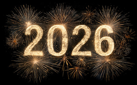 Bright fireworks light up the night sky, forming the numbers 2026 in sparkling gold. This festive scene captures the excitement of welcoming the new year.の素材