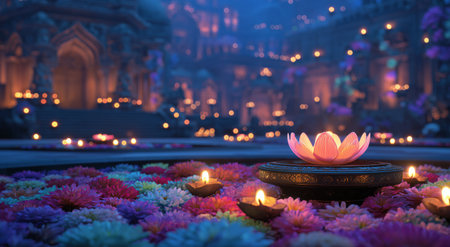 A beautiful lotus flower floats on a dark water surface, surrounded by vibrant petals and flickering candles, creating a peaceful atmosphere during a nighttime celebration.の素材