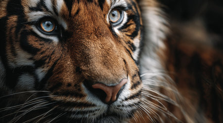 A stunning, detailed view of a tigers face highlights its vibrant fur and piercing eyes. The animal appears calm, surrounded by its natural environment, showing majestic beauty.の素材