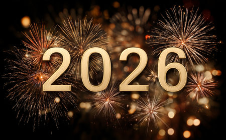 Colorful fireworks light up a dark sky as people welcome the year 2026 with cheers and celebration. The atmosphere is filled with joy and anticipation for the new year.の素材