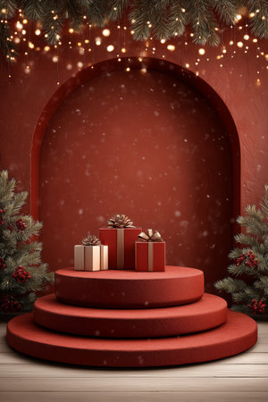 A red stage adorned with three beautifully wrapped gifts sits among green pine trees. Soft snowflakes fall, creating a warm and festive atmosphere for the holiday season.の素材