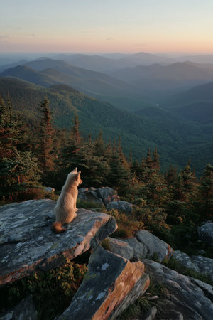 A cat sits on a large rock, gazing at the vast mountain range under a colorful sunset. The serene landscape shows layers of green hills fading into the distance.の素材