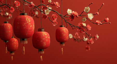 Red lanterns hang from a branch adorned with white and pink flowers, creating a vibrant scene ideal for festive celebrations. This setting captures a joyful mood.の素材