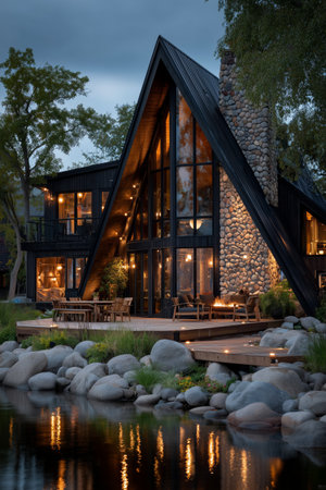 A striking cabin by the lake large features windows reflecting warm lights. Tall trees surround the area, creating a peaceful setting as evening approaches. Details matter.の素材