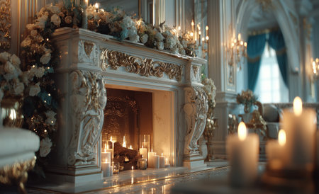 A beautifully arranged fireplace features an ornate design, adorned with flowers and glowing candles. The setting exudes warmth and sophistication, creating an inviting atmosphere.の素材