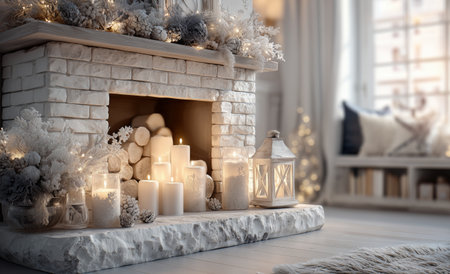 A beautiful living room showcases a charming fireplace adorned with candles and holiday decor. Soft lighting creates a warm and inviting atmosphere during the winter season. Details matter.の素材