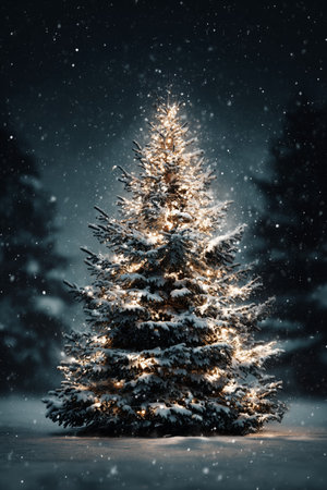A beautifully decorated Christmas tree stands tall in the snow, illuminated by warm lights against a dark, snowy backdrop. Flakes gently fall, creating a magical winter scene.の素材