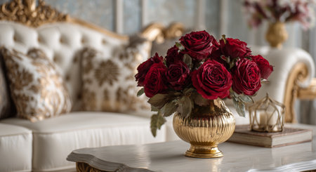 A beautifully arranged living room showcases a golden vase filled with red roses atop a chic coffee table. Plush pillows surround the cozy seating area, creating a warm ambiance. Details matter.の素材