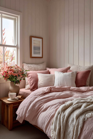 This cozy bedroom features soft pink bedding and decorative pillows, a wooden side table, fresh flowers, and natural light coming through the window, creating a relaxing atmosphere.の素材