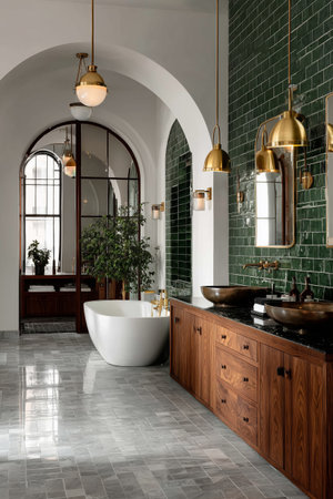 Bright and airy bathroom features wooden cabinets, gold lighting fixtures, and a spacious soaking tub. Natural elements and a stylish arch create a serene atmosphere for relaxation. Details matter.の素材