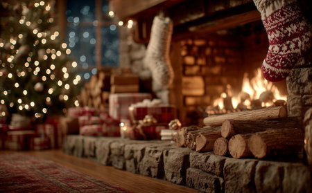 A warm cabin living room features a beautifully lit Christmas tree and a glowing fireplace. Presents and festive decor enhance the cozy atmosphere on a winter evening. Details matter.の素材