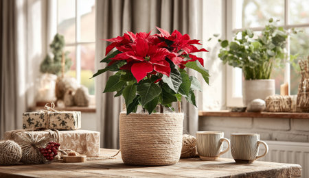 A vibrant red poinsettia stands in a woven pot on a kitchen table, surrounded by gifts and a warm cup, capturing the festive spirit of the holiday season. Details matter.の素材