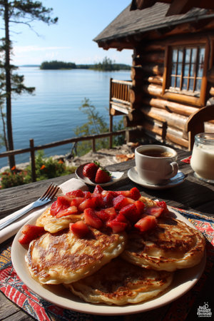 A plate of thick pancakes topped with fresh strawberries sits on a wooden table. A steaming cup of coffee and a scenic view of the lake and trees create a peaceful morning atmosphere.の素材