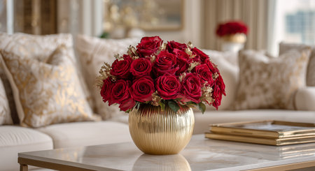 A beautiful arrangement of red roses stands in a shiny golden vase on a marble coffee table. This vibrant display enhances the stylish living room setting with soft, luxurious cushions. Details matter.の素材