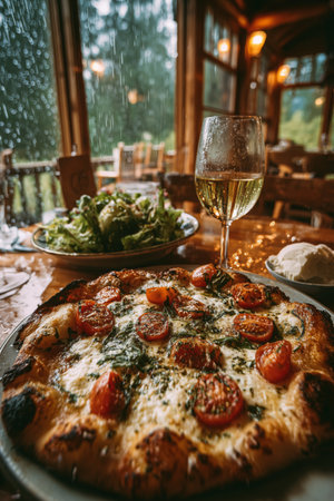 Enjoying a warm slice of pizza topped with tomatoes and herbs, paired with a fresh salad and a glass of white wine while rain falls outside a cozy restaurant setting.の素材
