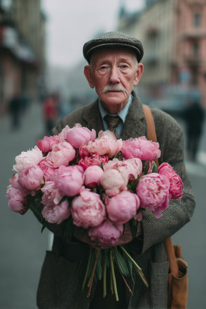 An elderly man stands on a bustling street, holding a large bouquet of pink peonies. He wears a gray jacket and a flat cap, showing a warm smile amidst the gray day.の素材