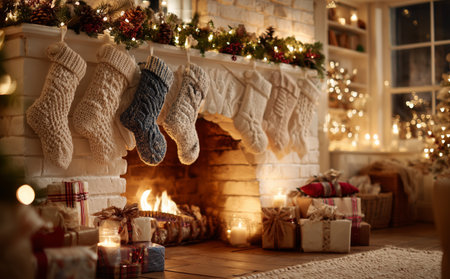 Knitted stockings hang by a warm fireplace filled with glowing embers. Wrapped presents line the hearth, while festive decorations create a cozy holiday atmosphere. Details matter.の素材