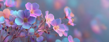 Colorful flowers bloom in a garden setting, creating a serene atmosphere during the golden hour. Soft pastel hues blend, enhancing the floral beauty and tranquility of the scene. Details matter.の素材