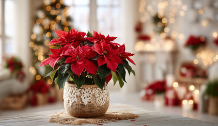 Vibrant red poinsettias sit in a textured pot, creating a warm ambiance in a decorated living room with holiday lights and a Christmas tree in the background.の素材