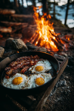 Juicy beef patties and eggs sizzle in a cast-iron skillet over a lively campfire. The warm glow illuminates the rustic surroundings as evening descends. Details matter.の素材
