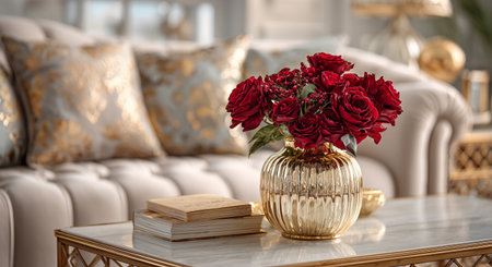A beautifully arranged living room showcases a golden vase filled with red roses atop a chic coffee table. Plush pillows surround the cozy seating area, creating a warm ambiance.の素材