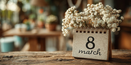 Calendar displaying March 8 sits on a rustic wooden table with delicate white flowers. The background shows a warm, inviting indoor space, creating a peaceful atmosphere.の素材