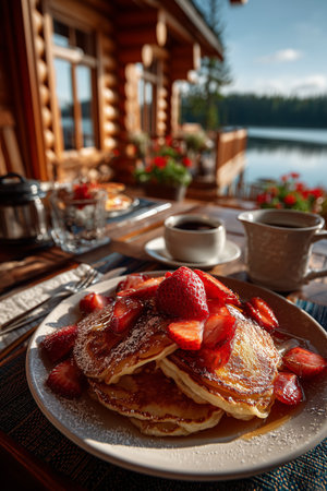 Enjoy a delicious breakfast of fluffy pancakes topped with fresh strawberries at a cozy lakeside cabin. The sun shines brightly, creating a warm and inviting atmosphere.の素材