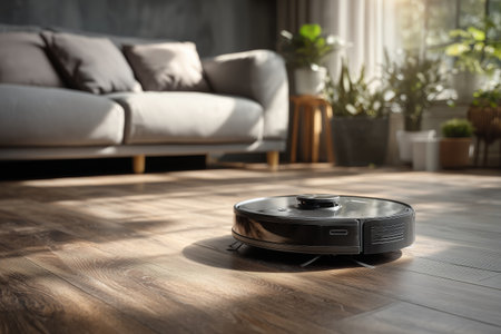A robotic vacuum cleaner moves across the wooden floor in a stylish living room filled with green plants and bright sunlight. The space is cozy and inviting, with a sofa nearby.の素材